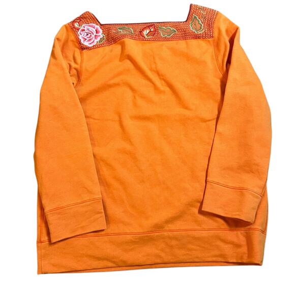 Anthropologie Lilka Rosey Orange Embroidered Square Neck Sweatshirt Size Small - Picture 6 of 6